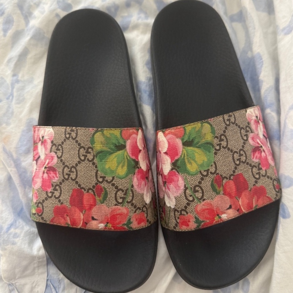 Gucci Black Floral Slides with Pink and Green Accents